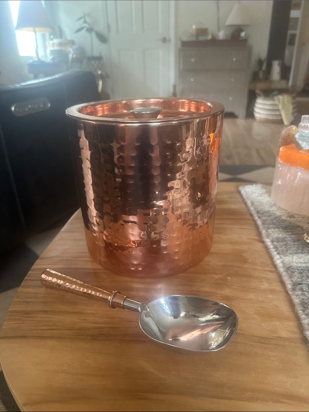 Pier 1 Hammered Copper Ice Bucket with Scoop used scratches as shown